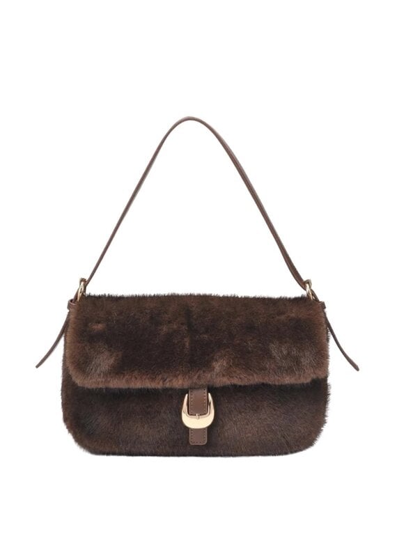 Brown Faux Fur Handbag with Gold Buckle