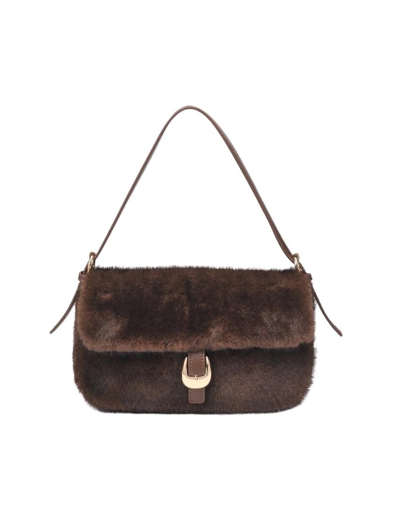Brown Faux Fur Handbag with Gold Buckle