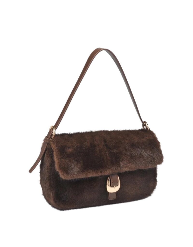 Brown Faux Fur Handbag with Gold Buckle