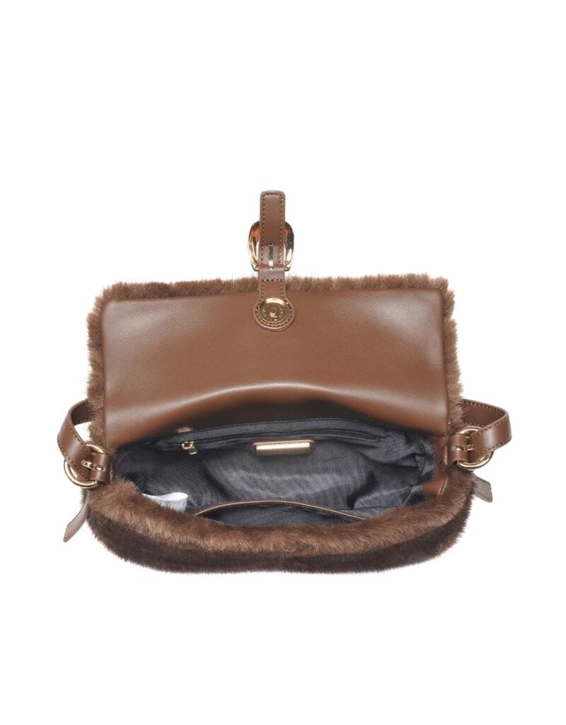 Brown Faux Fur Handbag with Gold Buckle
