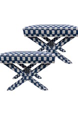 Pair of Vintage Blue & White Upholstered Ikat Square Benches