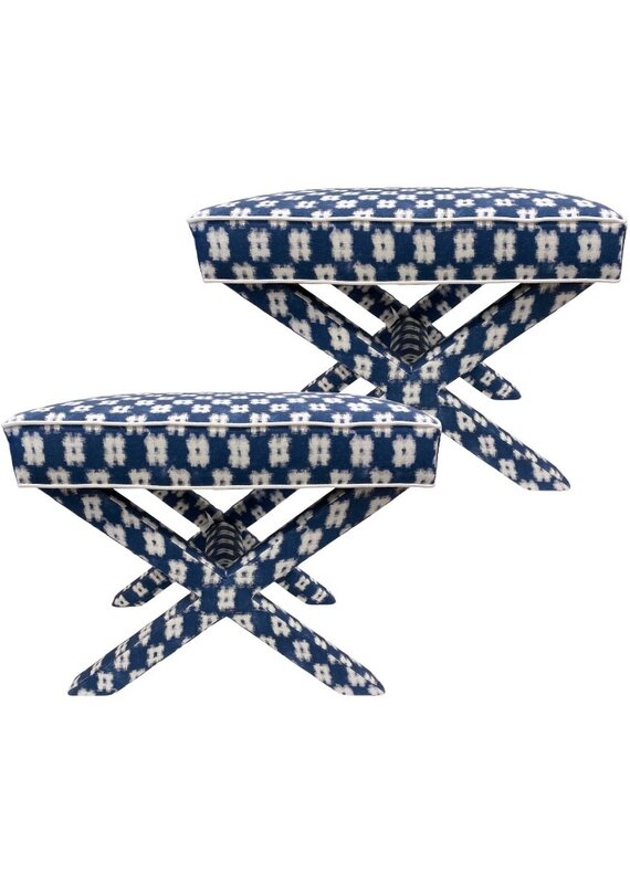 Pair of Vintage Blue & White Upholstered Ikat Square Benches