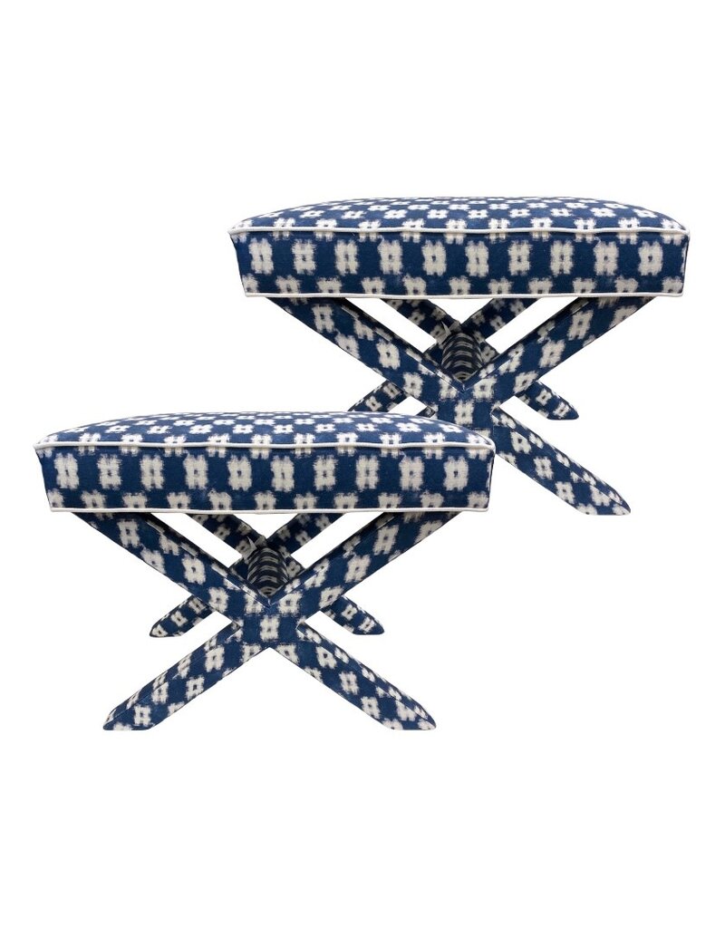 Pair of Vintage Blue & White Upholstered Ikat Square Benches