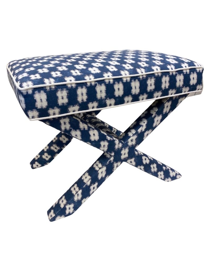 Pair of Vintage Blue & White Upholstered Ikat Square Benches
