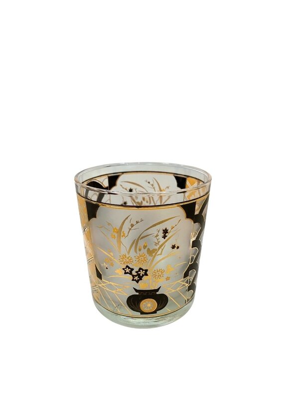 Vintage Set of 6 Black & Gold Frosted Double Old Fashioned Glasses