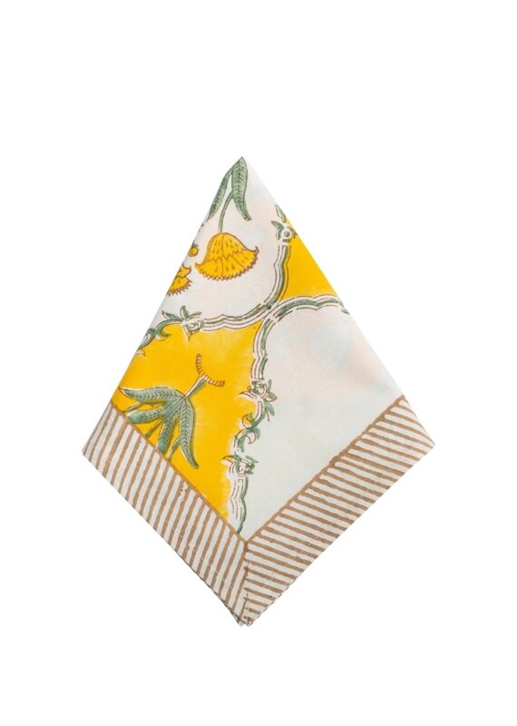 Set of 6 Yellow & White Floral Napkins with Brown Striped Border