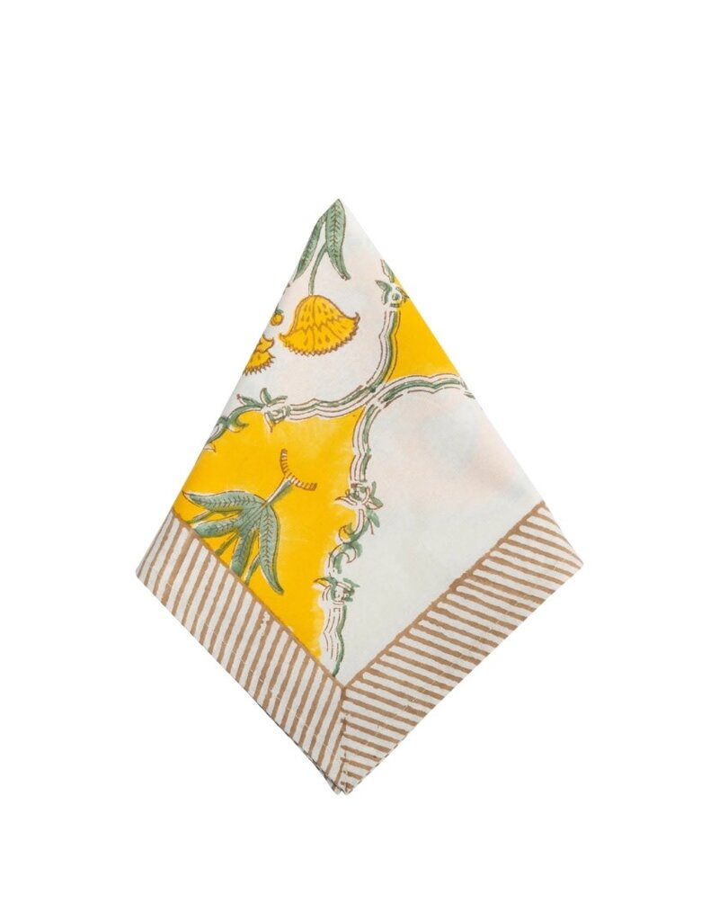 Set of 6 Yellow & White Floral Napkins with Brown Striped Border