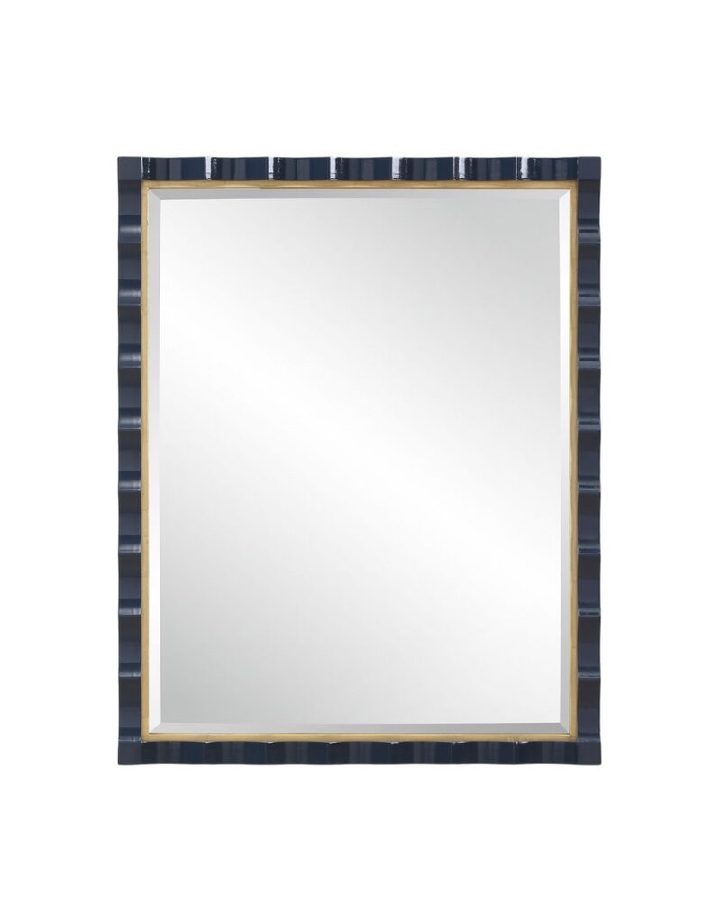 Navy Lacquer Beveled Framed Rectangular Mirror with Gold Leaf