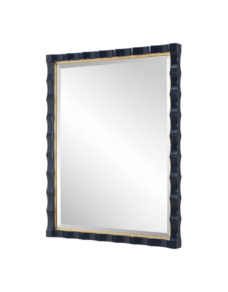 Navy Lacquer Beveled Framed Rectangular Mirror with Gold Leaf