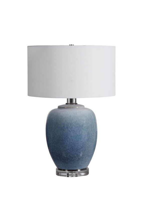 Blue Ombré Glazed Ceramic Lamp with Lucite Base & White Shade