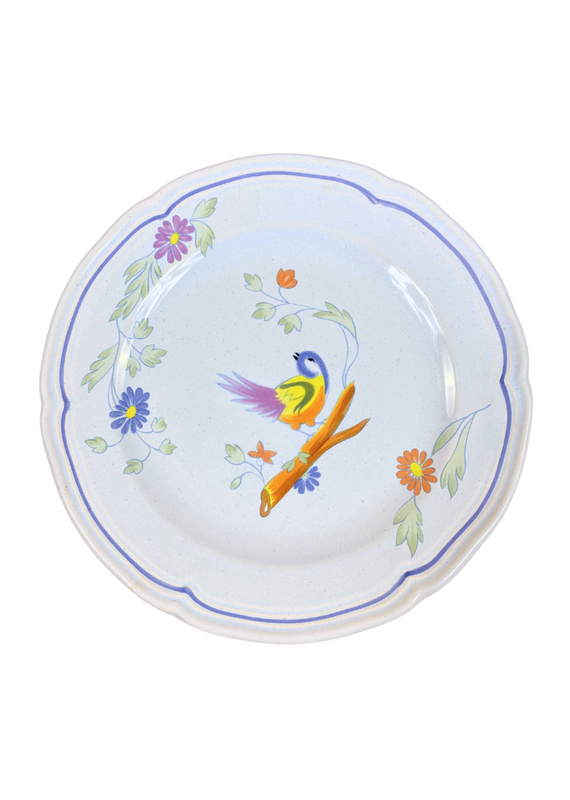 Vintage Set of 10 Light Blue Floral Ceramic Dessert Plates with Bird