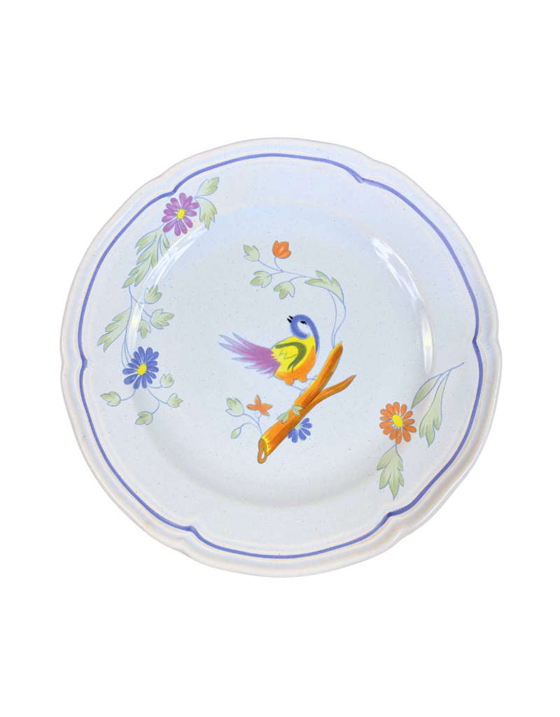 Vintage Set of 10 Light Blue Floral Ceramic Dessert Plates with Bird