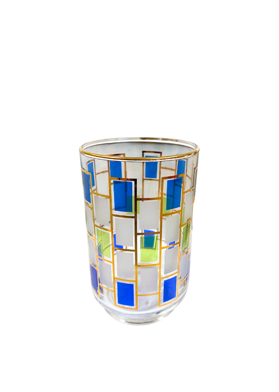 Vintage Set of 8 Colorful Stained Glass Checkerboard Glasses