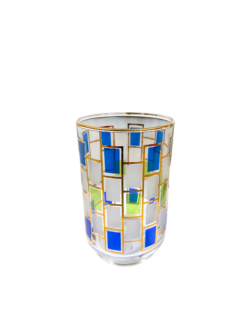 Vintage Set of 8 Colorful Stained Glass Checkerboard Glasses
