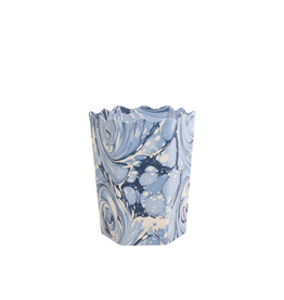 Light Blue, Navy & White Marble Swirl Painted Scalloped Paper Trashcan