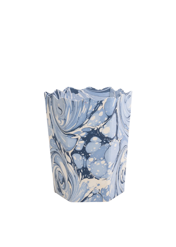 Light Blue, Navy & White Marble Swirl Painted Scalloped Paper Trashcan