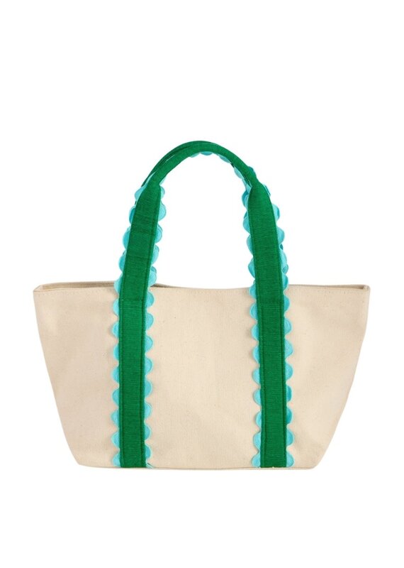 Natural Mini Tote Bag with Green & Blue Scalloped Handles