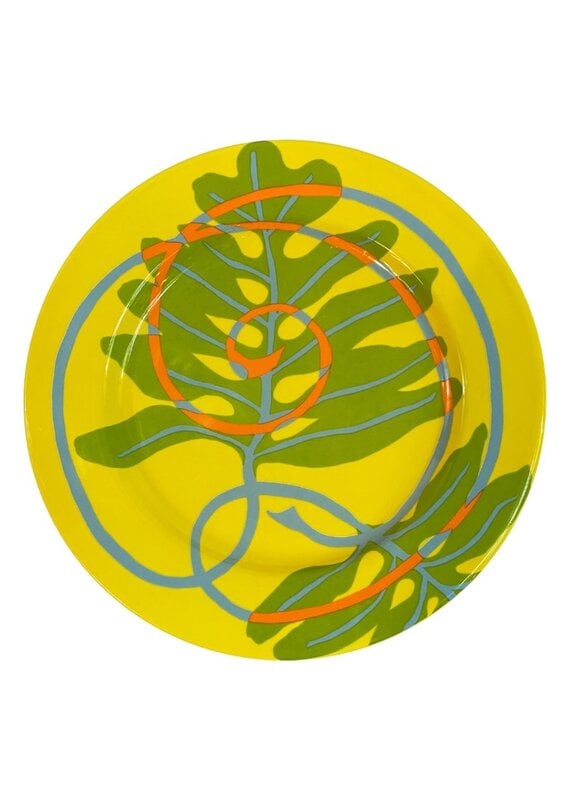 Vintage Set of 6 Yellow Tropical Leaf Swirl Ceramic Dessert Plates