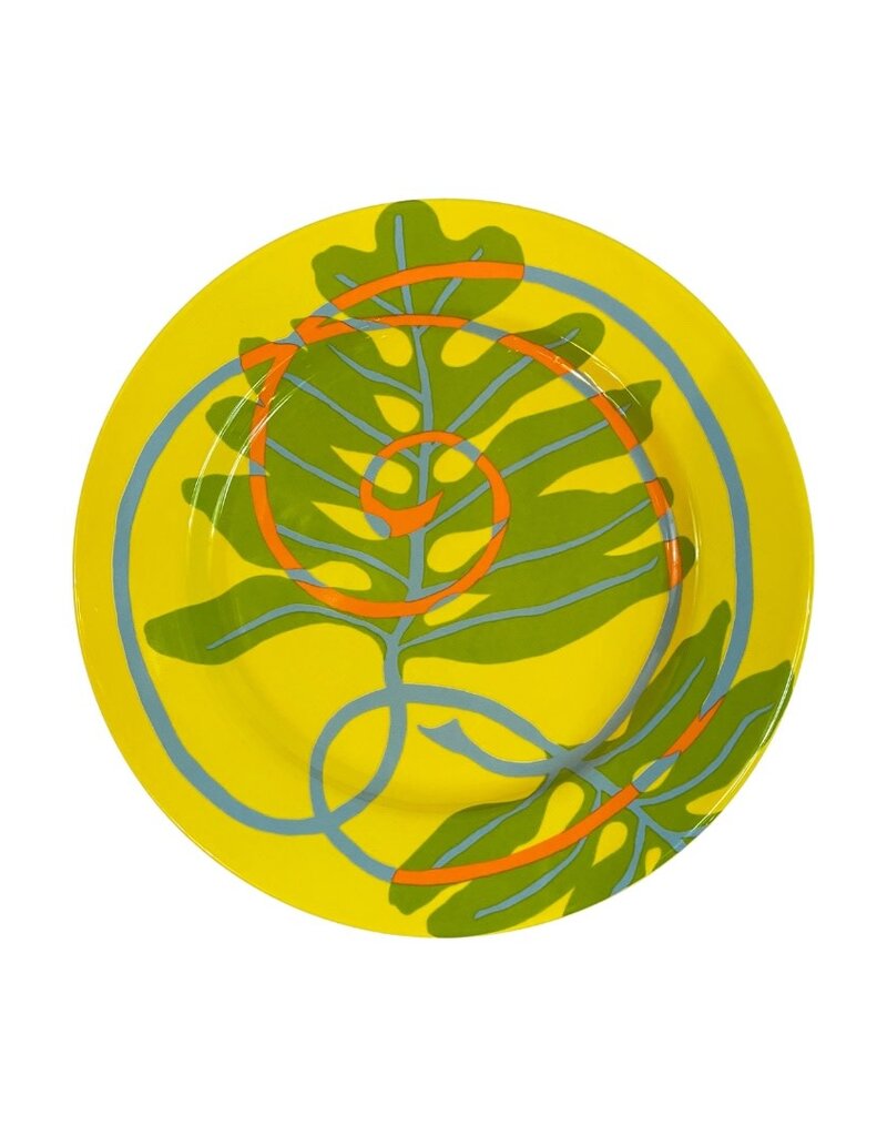 Vintage Set of 6 Yellow Tropical Leaf Swirl Ceramic Dessert Plates