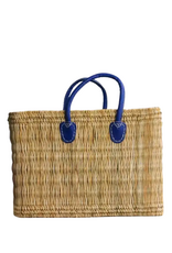 Natural Straw Rectangular Tote with Blue Leather Handles