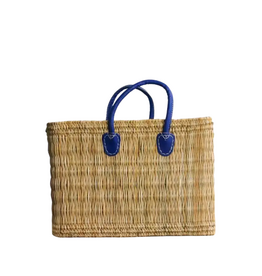 Natural Straw Rectangular Tote with Blue Leather Handles
