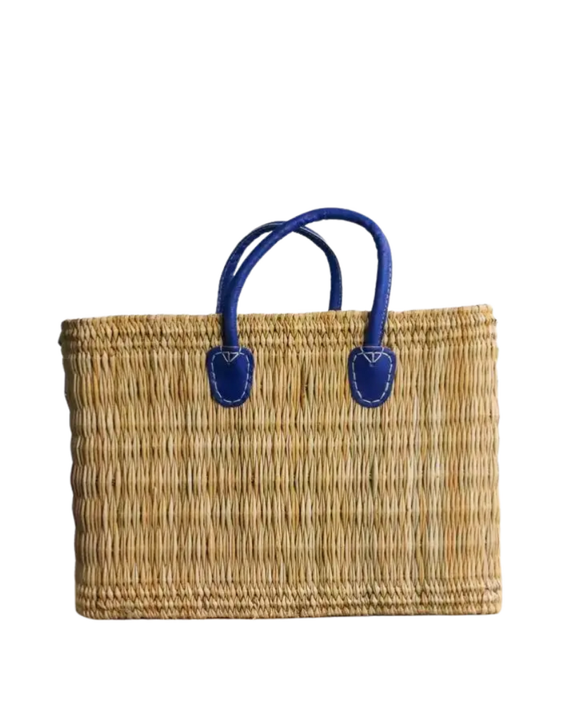 Natural Straw Rectangular Tote with Blue Leather Handles