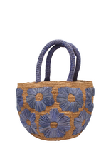 Natural Straw Handbag with Blue Embroidered Flowers & Blue Handles