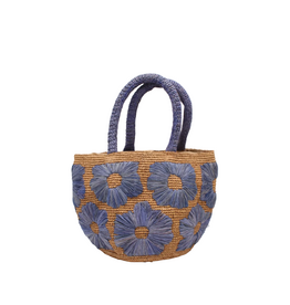 Natural Straw Handbag with Blue Embroidered Flowers & Blue Handles