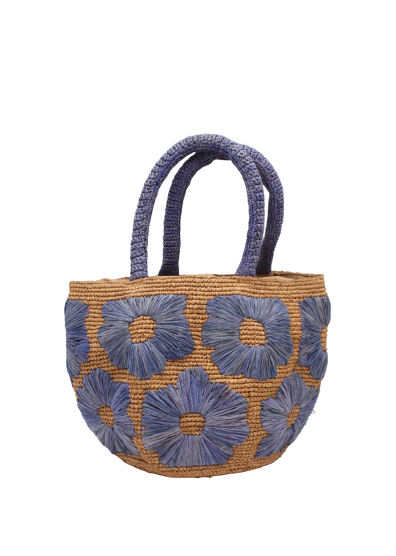 Natural Straw Handbag with Blue Embroidered Flowers & Blue Handles