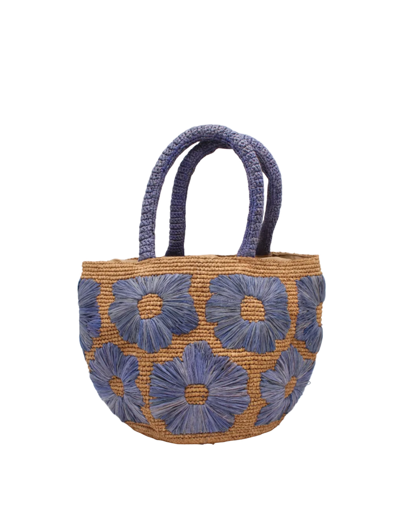 Natural Straw Handbag with Blue Embroidered Flowers & Blue Handles