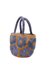 Natural Straw Handbag with Blue Embroidered Flowers & Blue Handles
