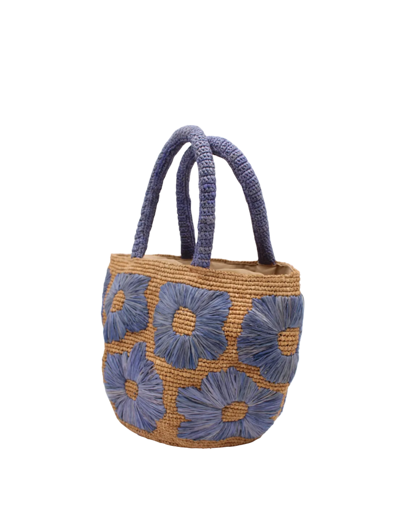 Natural Straw Handbag with Blue Embroidered Flowers & Blue Handles