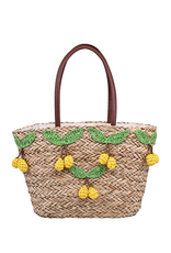 Natural Straw Tote with Crochet Green Leafed Yellow Lemons