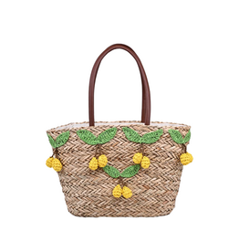 Natural Straw Tote with Crochet Green Leafed Yellow Lemons