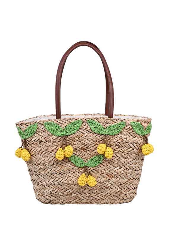 Natural Straw Tote with Crochet Green Leafed Yellow Lemons