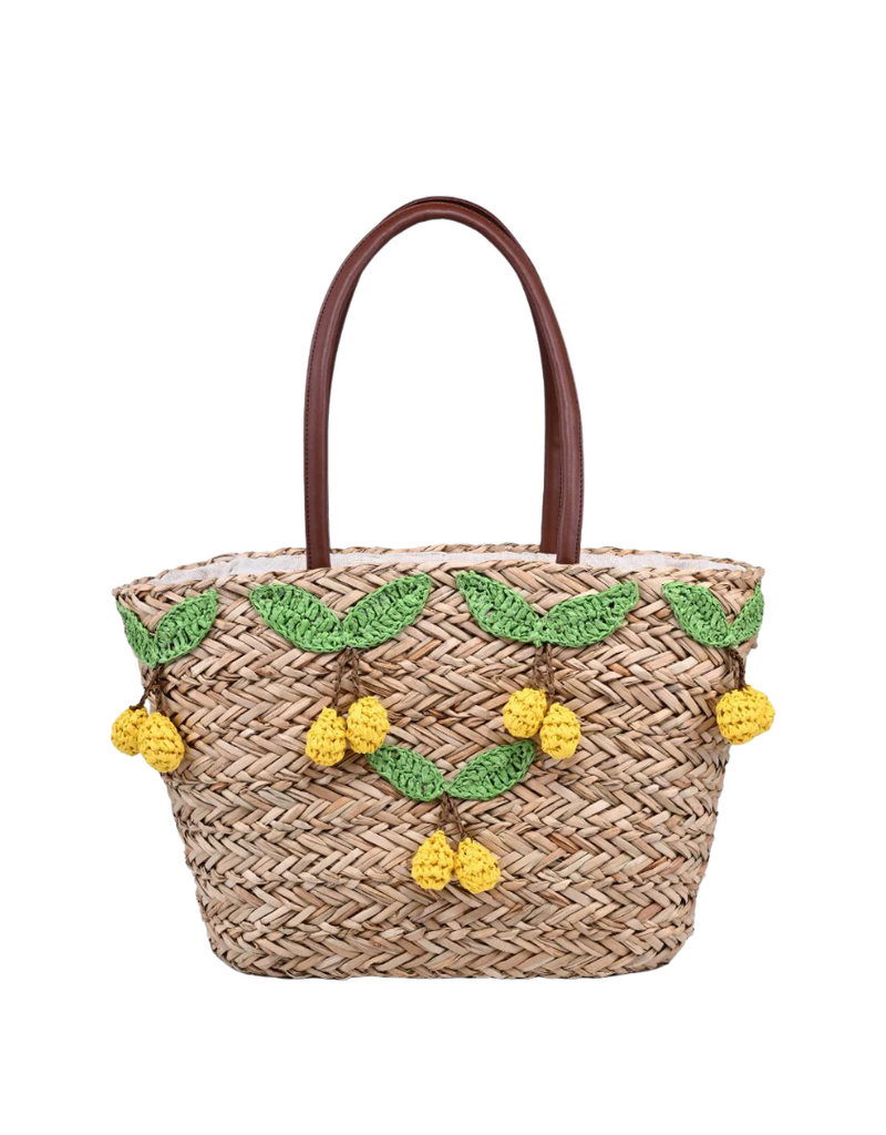 Natural Straw Tote with Crochet Green Leafed Yellow Lemons
