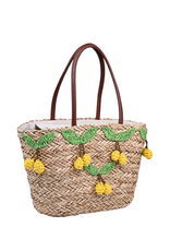 Natural Straw Tote with Crochet Green Leafed Yellow Lemons