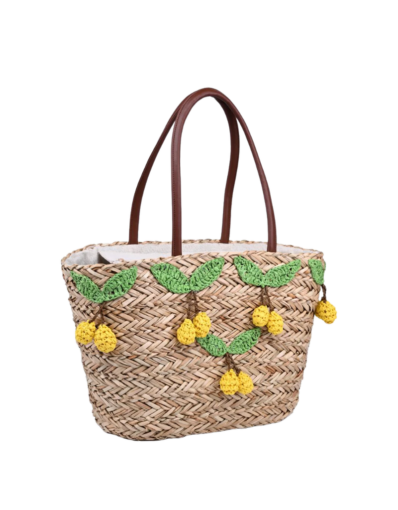 Natural Straw Tote with Crochet Green Leafed Yellow Lemons
