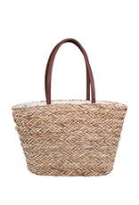 Natural Straw Tote with Crochet Green Leafed Yellow Lemons