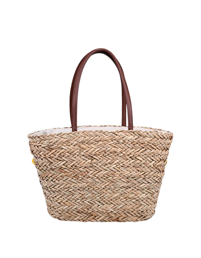 Natural Straw Tote with Crochet Green Leafed Yellow Lemons