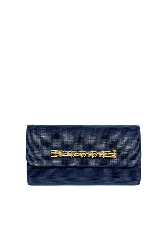 Navy Raffia Clutch with Gold Bamboo Bar