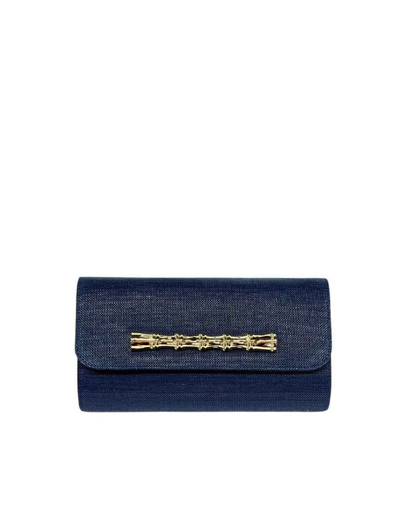Navy Raffia Clutch with Gold Bamboo Bar