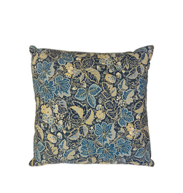 Navy Blue & Gold Floral Leaves Pillow with Cord Detail