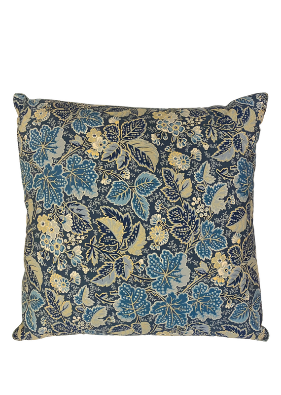 Navy Blue & Gold Floral Leaves Pillow with Cord Detail