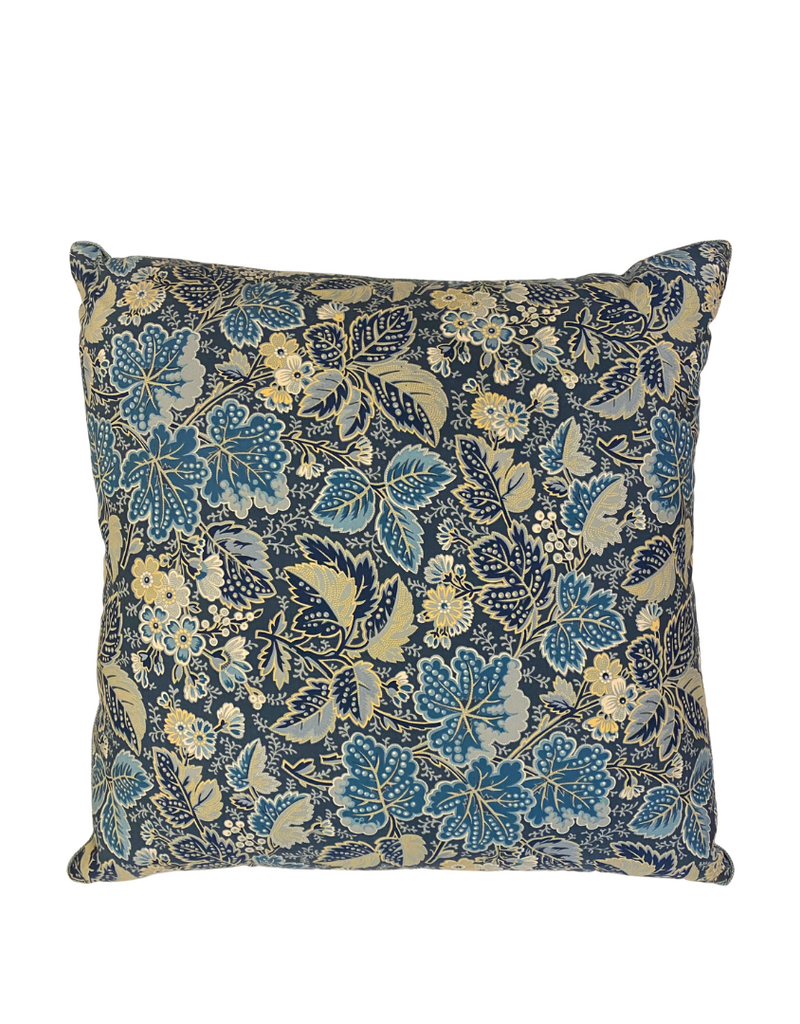 Navy Blue & Gold Floral Leaves Pillow with Cord Detail