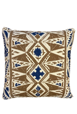 Brown & Cream Geometric Pillow with Navy Floral Borders & Self Piping