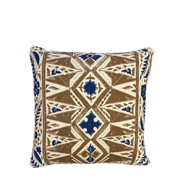 Brown & Cream Geometric Pillow with Navy Floral Borders & Self Piping
