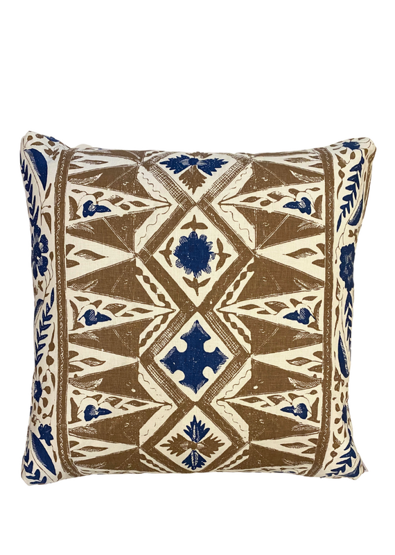 Brown & Cream Geometric Pillow with Navy Floral Borders & Self Piping
