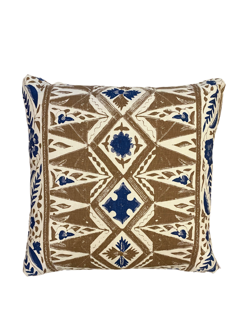 Brown & Cream Geometric Pillow with Navy Floral Borders & Self Piping