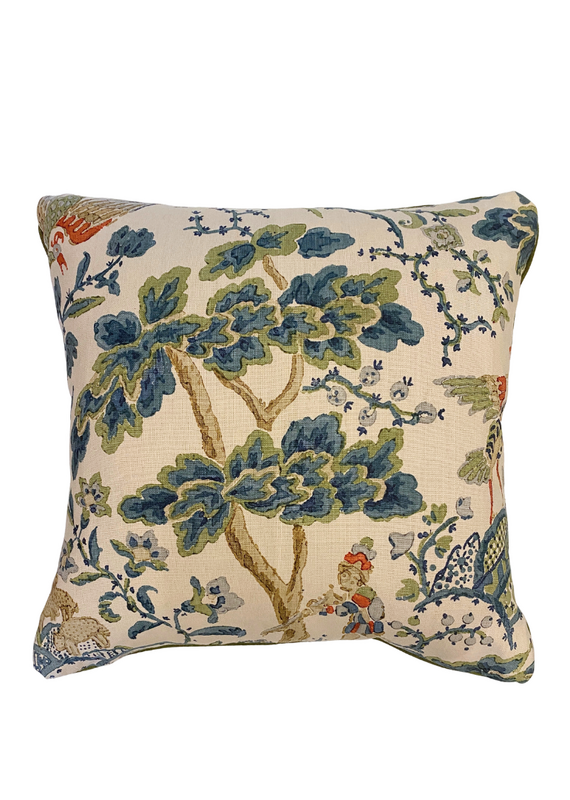 Cream Pillow with Multi-Colored Scenic Trees & Green Piping